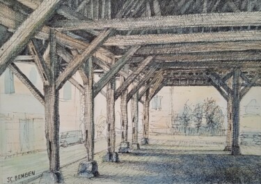 Tekening getiteld "Sous la halle de La…" door Jean-Claude Bemben, Origineel Kunstwerk, Inkt