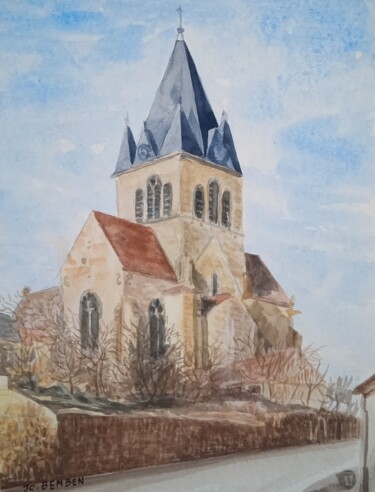 Dibujo titulada "Vue de l'Eglise de…" por Jean-Claude Bemben, Obra de arte original, Acuarela