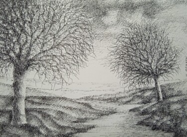 Drawing titled "Les deux arbres en…" by Jean-Claude Bemben, Original Artwork, Ink