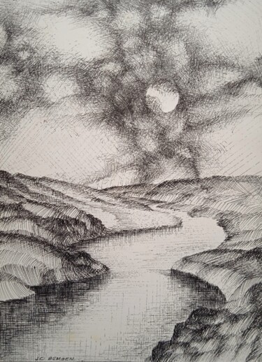Desenho intitulada "Clair de lune sur l…" por Jean-Claude Bemben, Obras de arte originais, Tinta