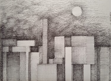 Dessin intitulée "La ville cubiste" par Jean-Claude Bemben, Œuvre d'art originale, Encre