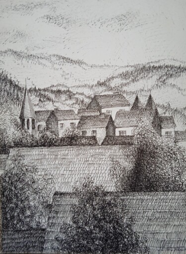 Dessin intitulée "Les toits du village" par Jean-Claude Bemben, Œuvre d'art originale, Encre