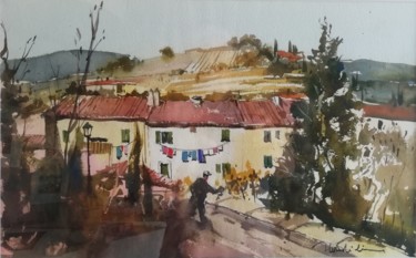 Painting titled "village de Grève IT…" by Jean-Claude Coustilieres, Original Artwork, Watercolor