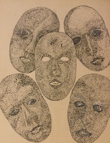 Dessin intitulée "Masques en rade" par Jean-Claude Delepière, Œuvre d'art originale, Marqueur