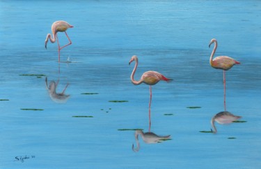 Painting titled "Flamands rose reflet" by Slydes, Original Artwork, Acrylic
