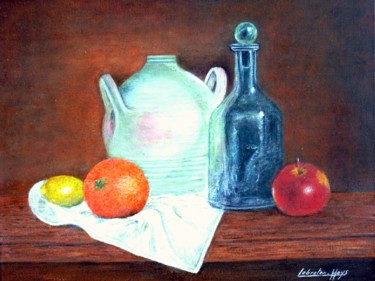 Painting titled "fruits bouteille et…" by Lebreton-Hays, Original Artwork, Oil