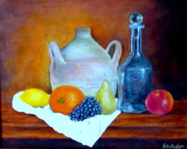 Painting titled "fruits , jarre et b…" by Lebreton-Hays, Original Artwork, Oil