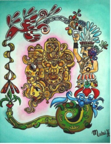 Painting titled "Quetzalcoatl" by Jean Claude Michel, Original Artwork, Acrylic Mounted on artwork_cat.
