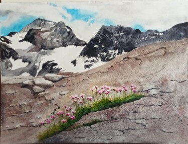 Painting titled "Armeria alpina" by Jean-Claude Pelletier, Original Artwork, Watercolor