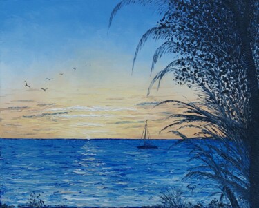Painting titled "Coucher de soleil a…" by Jean-Claude Sylvain, Original Artwork, Oil Mounted on Wood Stretcher frame