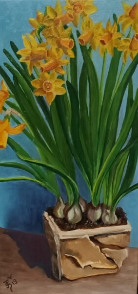 Painting titled "Les jonquilles" by Jean-Claude Sylvain, Original Artwork, Oil Mounted on Wood Stretcher frame