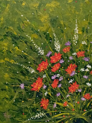 Painting titled "Fleurs des champs" by Jean-Claude Sylvain, Original Artwork, Oil Mounted on Wood Stretcher frame