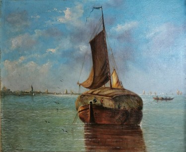 Peinture intitulée "Marine fin XIXeme p…" par Jean De Coster, Œuvre d'art originale, Huile Monté sur Châssis en bois