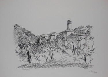 Disegno intitolato "Le village de Jean…" da Jean Dominique Monneraux, Opera d'arte originale, Carbone