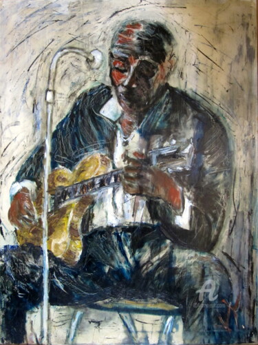 Painting titled "BLUE JAZZ, guitaris…" by Jean Edmond Tropet, Original Artwork, Oil