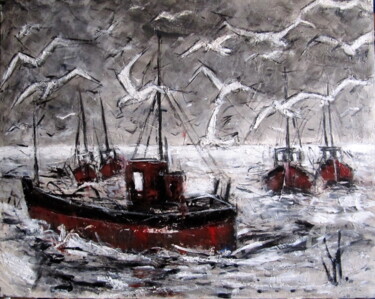 Painting titled "RETOUR DE PÊCHE, bâ…" by Jean Edmond Tropet, Original Artwork, Acrylic Mounted on Wood Stretcher frame