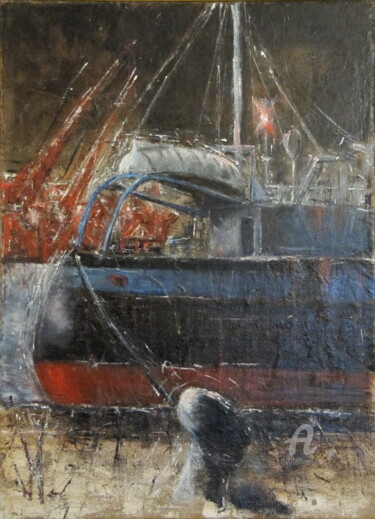 Painting titled "À QUAI" by Jean Edmond Tropet, Original Artwork, Oil Mounted on Wood Stretcher frame