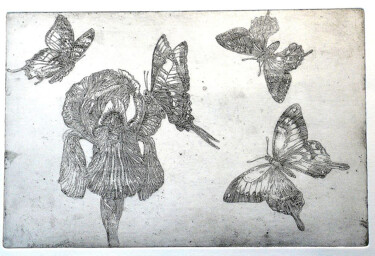 Druckgrafik mit dem Titel "Papillons et iris" von Jean-François Jullien, Original-Kunstwerk, Gravur