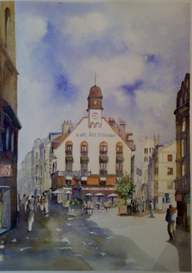 Painting titled "cafe-des-tribunaux-…" by Jean-Francois Louvancourt, Original Artwork, Watercolor