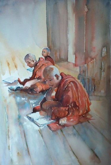 Painting titled "AU TEMPLE - 2015" by Jean-Francois Louvancourt, Original Artwork, Watercolor