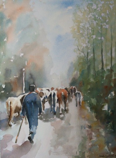 Painting titled "RETOUR D' ESTIVE" by Jean-Francois Louvancourt, Original Artwork, Watercolor