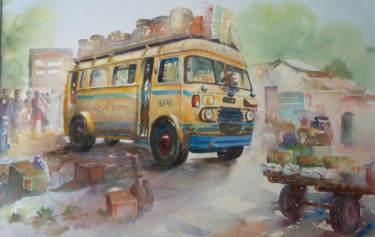 Painting titled "EN ATTENDANT LE DEP…" by Jean-Francois Louvancourt, Original Artwork, Watercolor