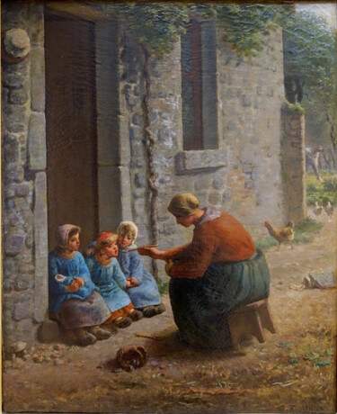 Pintura intitulada "La Becquée" por Jean-François Millet, Obras de arte originais, Óleo