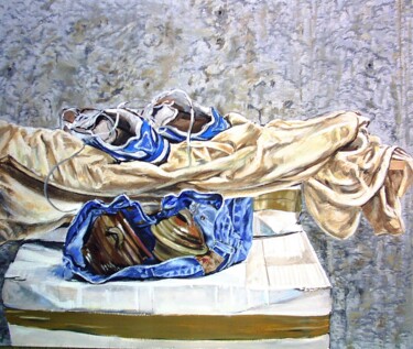 Pittura intitolato "Chaussures et pot." da Jean François Poussard, Opera d'arte originale, Olio