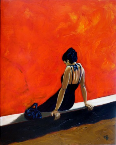 Painting titled "La fille en noir /…" by Jean-François Zanette, Original Artwork, Oil