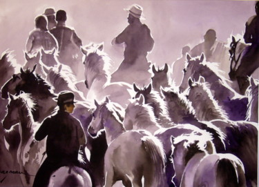 Malerei mit dem Titel "chevaux-camarguais.…" von Jean Guy Dagneau, Original-Kunstwerk, Aquarell