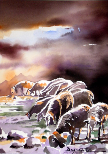 Painting titled "paturages.jpg" by Jean Guy Dagneau, Original Artwork, Watercolor