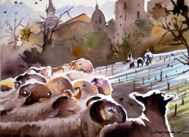Peinture intitulée "troupeau-au-village…" par Jean Guy Dagneau, Œuvre d'art originale, Aquarelle