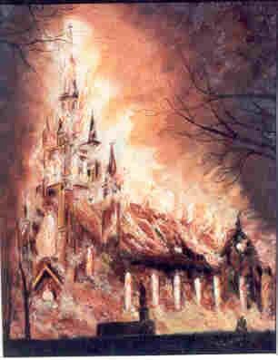 Peinture intitulée "Église en feu de L'…" par Jean-Guy Lépine, Œuvre d'art originale