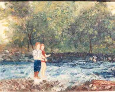 Peinture intitulée "Enfant a la pèche" par Jean-Guy Lépine, Œuvre d'art originale