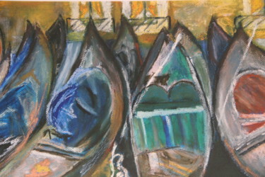 Peinture intitulée "Gondoles amarrées" par Jean-Jacques Gastaud, Œuvre d'art originale, Pastel