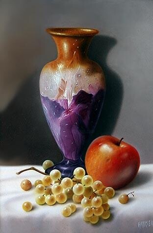 Peinture intitulée "Vase Gallé et fruits" par Jean-Jacques Hauser, Œuvre d'art originale