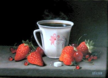 Peinture intitulée "Tasse et fraises" par Jean-Jacques Hauser, Œuvre d'art originale
