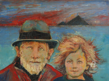 Painting titled "L'enfant et le terr…" by Jj Neu, Original Artwork, Oil Mounted on Wood Stretcher frame