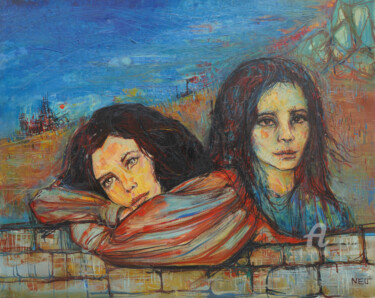 Painting titled "Les deux sœurs" by Jj Neu, Original Artwork, Oil Mounted on Wood Stretcher frame