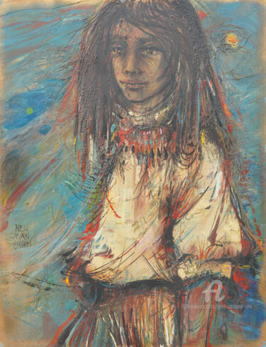 Peinture intitulée "La jeune fille au c…" par Jj Neu, Œuvre d'art originale, Huile Monté sur Châssis en bois