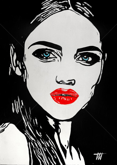 绘画 标题为“Red lips / 4” 由Jean-Jacques Venturini, 原创艺术品, 丙烯 安装在其他刚性面板上