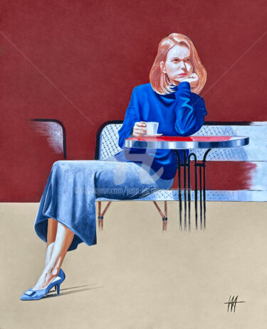 Painting titled "Femme en bleu à la…" by Jean-Jacques Venturini, Original Artwork, Oil Mounted on Wood Stretcher frame