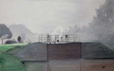Peinture intitulée "Canal dans la brume" par Jean-Jacques Venturini, Œuvre d'art originale, Huile