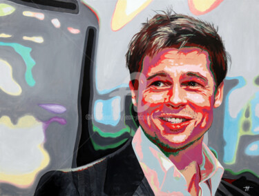 Schilderij getiteld "Brad Pitt.jpg" door Jean-Jacques Venturini, Origineel Kunstwerk, Olie Gemonteerd op Frame voor houten b…