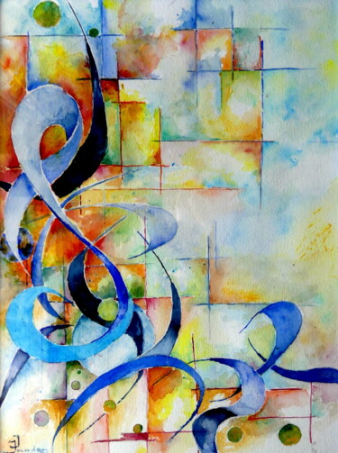 Malerei mit dem Titel "Bleu" von Jean Jourdan, Original-Kunstwerk, Aquarell