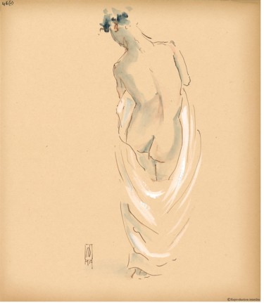 Dibujo titulada "nu au drap blanc" por Jean Jouvin, Obra de arte original