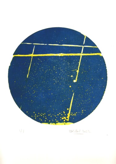 Druckgrafik mit dem Titel "Macro-sillons, bleu…" von Jean Kittel, Original-Kunstwerk, Radierung