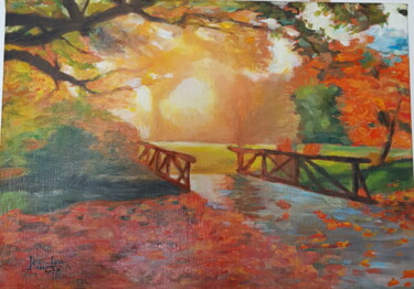 Painting titled "Pont d'Automne" by Jean-Lou, Original Artwork, Oil