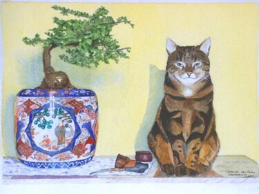 Painting titled "Chat et pot Chinois" by Jean-Louis Barthelemy, Original Artwork, Watercolor