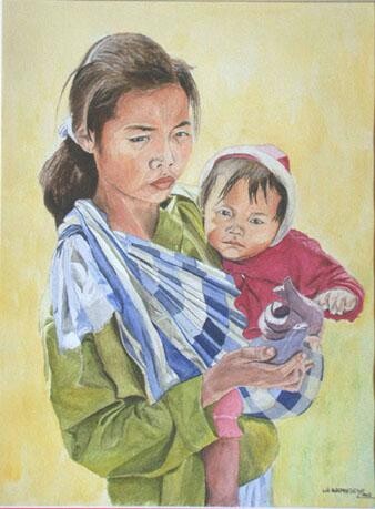 제목이 "Laotienne et son bé…"인 미술작품 Jean-Louis Barthelemy로, 원작, 수채화